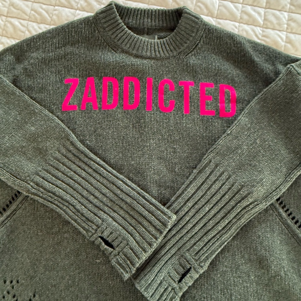 Zadig and Voltaire Olive Green M Sweater w Pink “Zadicted”